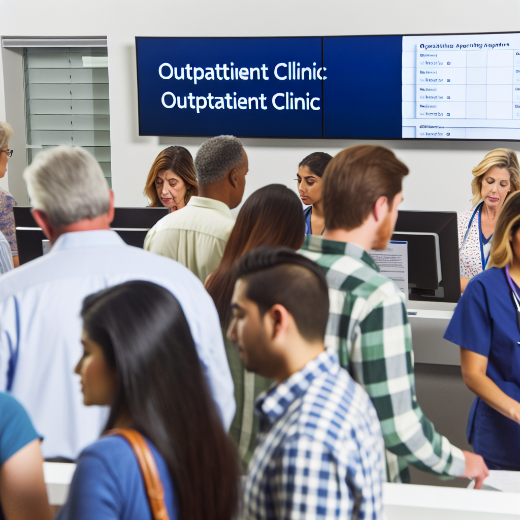 A busy outpatient clinic reception desk with patie