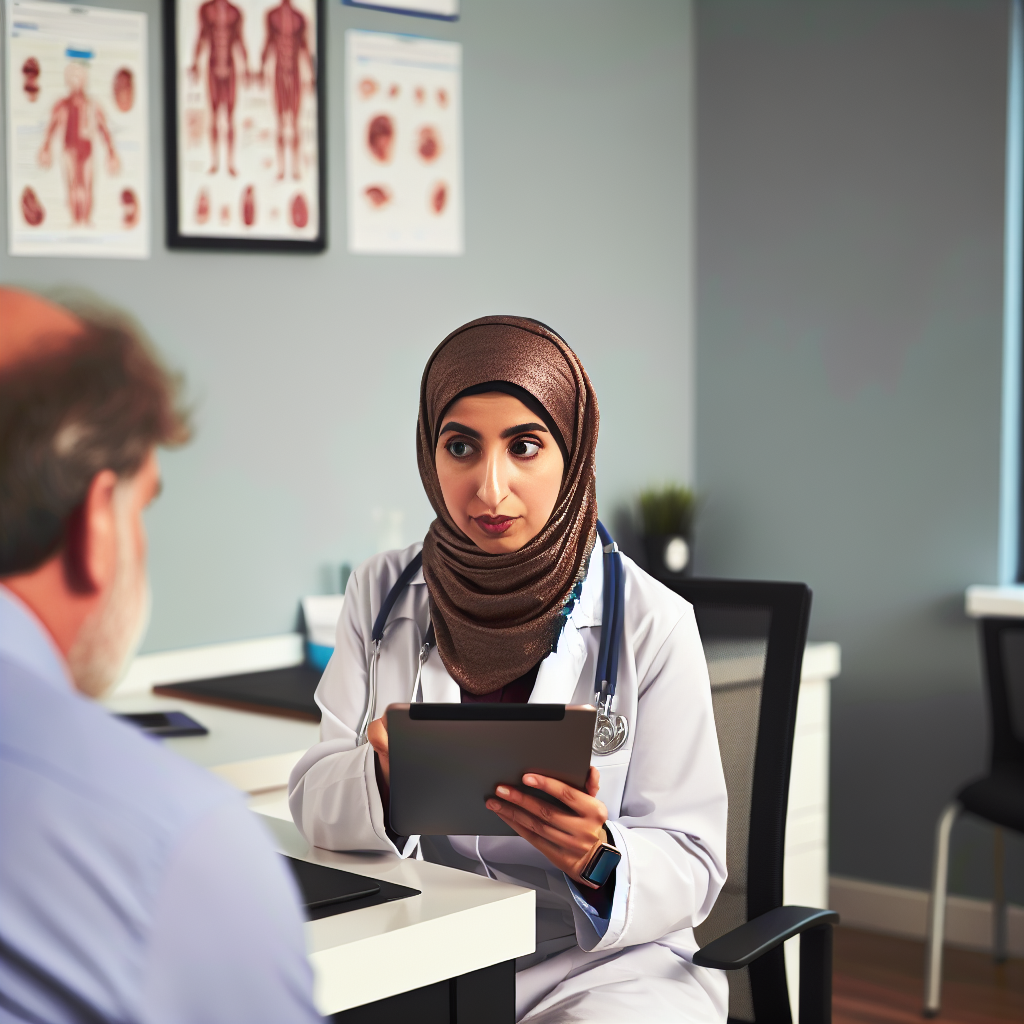 A doctor using AI-powered software on a tablet to 