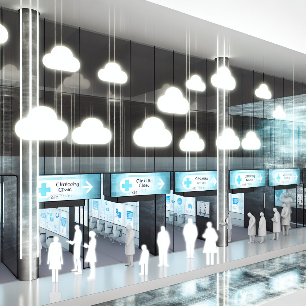 A futuristic medical clinic with cloud icons indic